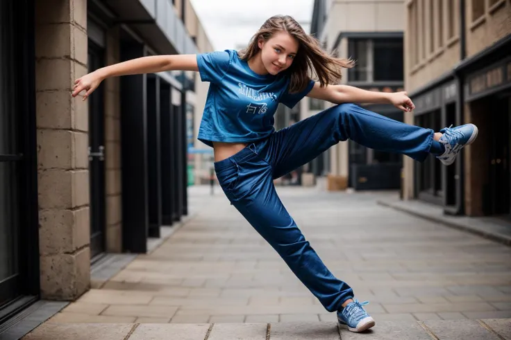 full body,photo of a 18 year old girl,Parkour,happy,looking at viewer,blue eyes,shirt,pants,ray tracing,detail shadow,shot on Fujifilm X-T4,85mm f1.2,sharp focus,depth of field,blurry background,bokeh,motion blur,<lora:add_detail:1>,