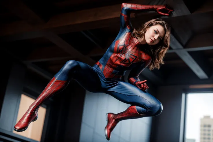 Marvel s,full body,photo of a 18 year old girl,spiderman,Parkour,happy,looking at viewer,blue eyes,ray tracing,detail shadow,shot on Fujifilm X-T4,85mm f1.2,sharp focus,depth of field,blurry background,bokeh,motion blur,<lora:add_detail:1>,