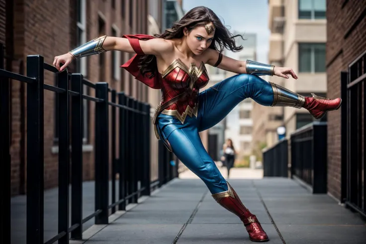 DC s,full body,photo of a 18 year old girl,wonder woman,Parkour,happy,looking at viewer,blue eyes,pants,ray tracing,detail shadow,shot on Fujifilm X-T4,85mm f1.2,sharp focus,depth of field,blurry background,bokeh,motion blur,<lora:add_detail:1>,