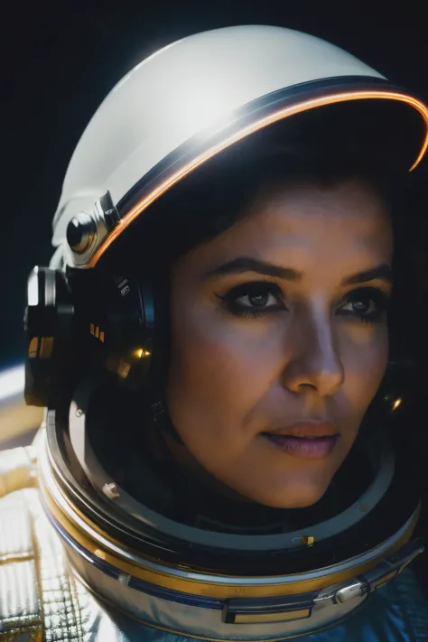 a up close photo of elg woman in a space suit, by Andrew McCarthy, Navaneeth Unnikrishnan, Manuel Dietrich, photo realistic, 8 k, cinematic lighting, hd, atmospheric, hyperdetailed, trending on artstation, deviantart, photography, glow effect,<lyco:EvaLongoria-RealVision-V1.0:1.0>