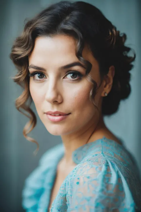 photoshoot of elg , (brow hair), (curly hair), , detailed skin texture, (blush:0.2), (goosebumps:0.3), (light blue dress), subsurface scattering, Photorealistic, Hyperrealistic, Hyperdetailed, analog style, hip cocked, demure, detailed skin, matte skin, soft lighting, subsurface scattering, realistic, heavy shadow, masterpiece, best quality, ultra realistic, 8k, golden ratio, Intricate, High Detail, film photography, soft focus,<lyco:EvaLongoria-RealVision-V1.0:1.0>
