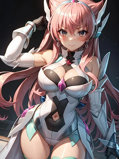 (extremely detailed CG), (best quality), perfect face, shiny skin, lustrous skin,wide hips, narrow waist, 1girl,solo , <lora:MariaGear-10:0.8> MariaGear ,gauntlets,bodysuit,,boots,large breast,elbow gloves, cleavage, covered navel, very long hair, blue eyes, leotard, gloves, thighhighs,pink hair, long hair, smile, determined, blushed,INDOORS,