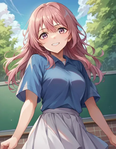 score_9, score_8_up, score_7_up, source_anime,
shinjuinui, <lora:shinju-inui-ponyxl-lora-nochekaiser:1>,
shinju inui, long hair, pink hair, pink eyes, smile,
skirt, shirt, short sleeves, white skirt, blue shirt,
outdoors, classroom,
looking at viewer, cowboy shot, dutch angle, dynamic pose,
