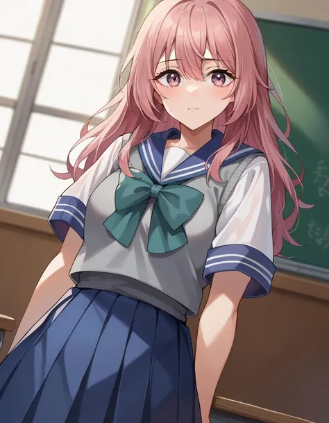 score_9, score_8_up, score_7_up, source_anime,
shinjuinui, <lora:shinju-inui-ponyxl-lora-nochekaiser:1>,
shinju inui, long hair, pink hair, pink eyes,
skirt, shirt, bow, school uniform, white shirt, short sleeves, pleated skirt, serafuku, bowtie, sailor collar, vest, blue skirt, sweater vest,
indoors, classroom,
looking at viewer, cowboy shot, dutch angle, dynamic pose,