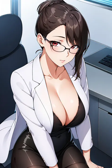 Black_Shirt,pantyhose, pencil skirt,White_jacket,cleavage, collarbone,
<lora:Doctor_world_end-KK77-V2:0.7>,office lady,
brown hair,red eyes, black-framed eyewear,hair bun,swept bangs,
1 girl, 20yo,Young female,Beautiful Finger,Beautiful long legs,Beautiful body,Beautiful Nose,Beautiful character design, perfect eyes, perfect face,expressive eyes, looking at viewer, in the center of the image,(light_smile:0.5), official art,extremely detailed CG unity 8k wallpaper, perfect lighting,Colorful, Bright_Front_face_Lighting,shiny skin, (masterpiece:1.0),(best_quality:1.0), ultra high res,4K,ultra-detailed, photography, 8K, HDR, highres, absurdres:1.2, Kodak portra 400, film grain, blurry background, bokeh:1.2, lens flare, (vibrant_color:1.2) (Beautiful,large_Breasts:1.0), (beautiful_face:1.5),(narrow_waist)