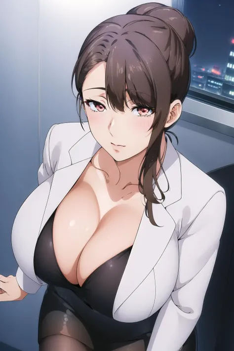 (Night:1.7), Japan, Tokyo, CityView, Before Window,
Standing at attention,
(Upper_body),(close-Up),(Focus on her face),
Black_Shirt,pantyhose, pencil skirt,White_jacket,cleavage, collarbone,No glasses,
<lora:Doctor_world_end-KK77-V2:0.7>,office lady,<lora:Akira_Todo_World_End-KK77-V1:0.2>,<lora:Riko_KIRIHARA_World_End-KK77-V1:0.1>,
brown hair,red eyes, hair bun,swept bangs,
1 girl, 24yo,mature female,Beautiful Finger,Beautiful long legs,Beautiful body,Beautiful Nose,Beautiful character design, perfect eyes, perfect face,
looking at viewer, in the center of the image,
NSFW,official art,extremely detailed CG unity 8k wallpaper, perfect lighting,Colorful, Bright_Front_face_Lighting,
(masterpiece:1.0),(best_quality:1.0), ultra high res,4K,ultra-detailed,
photography, 8K, HDR, highres, absurdres:1.2, Kodak portra 400, film grain, blurry background, bokeh:1.2, lens flare, (vibrant_color:1.2)
(Beautiful,large_Breasts:1.4), (beautiful_face:1.5),(narrow_waist),