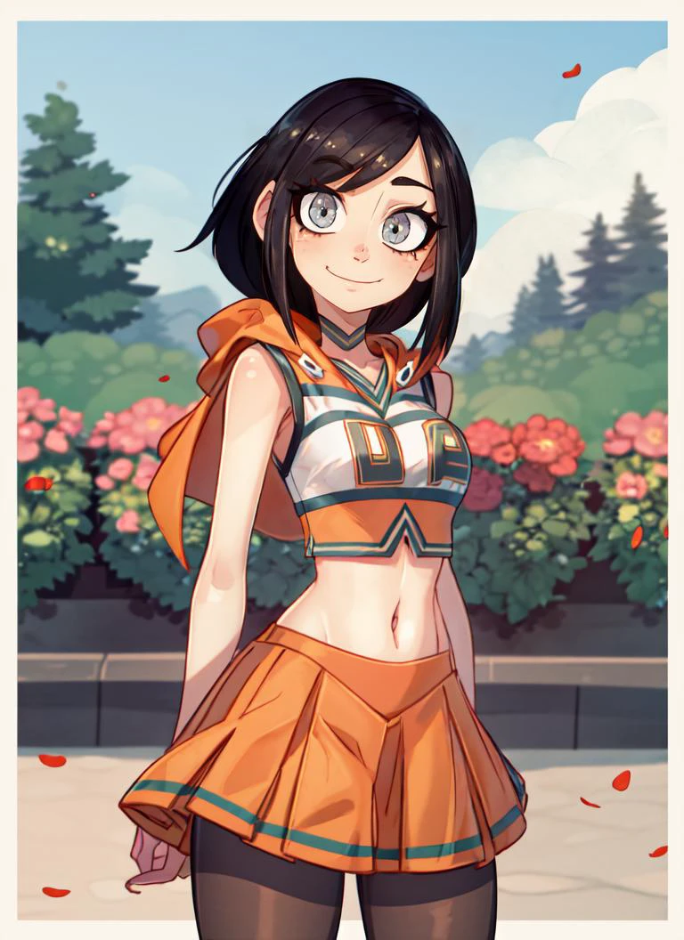 ((best quality)), ((highly detailed)), masterpiece, absurdres, extremely detailed face, beautiful face, (detailed eyes, deep eyes), (1girl), dynamic pose, cowboy shot, ((<lora:UACheerleader:1>, U.A. CheerUniform, orange crop top, orange skirt)), <lora:hairdetailer:.7>, <lora:ruby_rose:1>, ruby_rose, grey eyes, black hair, red tips, smiling, cape, dress, red cape, crescent rose, boots, pantyhose, hood, petals, corset, (in a garden, morning), <lora:rapscallion2:.8>