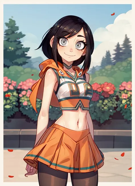 ((best quality)), ((highly detailed)), masterpiece, absurdres, extremely detailed face, beautiful face, (detailed eyes, deep eyes), (1girl), dynamic pose, cowboy shot, ((<lora:UACheerleader:1>, U.A. CheerUniform, orange crop top, orange skirt)), <lora:hairdetailer:.7>, <lora:ruby_rose:1>, ruby_rose, grey eyes, black hair, red tips, smiling, cape, dress, red cape, crescent rose, boots, pantyhose, hood, petals, corset, (in a garden, morning), <lora:rapscallion2:.8>
