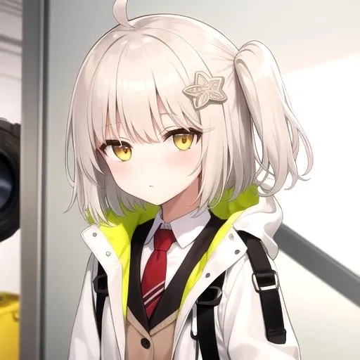 ((masterpiece)),(best quality),official art,extremely detailed CG,unity 8k wallpaper,ultra detailed,1girl,solo,upper body,(portrait:1.2),ahoge,short_hair,hair_ornament,yellow_eyes,looking_at_viewer,lazy eye,camera,black_skirt,black_footwear,pleated_skirt,red_necktie,one_side_up,asymmetrical_legwear,white_jacket,long_sleeves,open_jacket,star_\(symbol\),black_thighhighs,bangs,shoes,bag,side_ponytail,white_shirt,blush,<lora:Scene(ark)>,