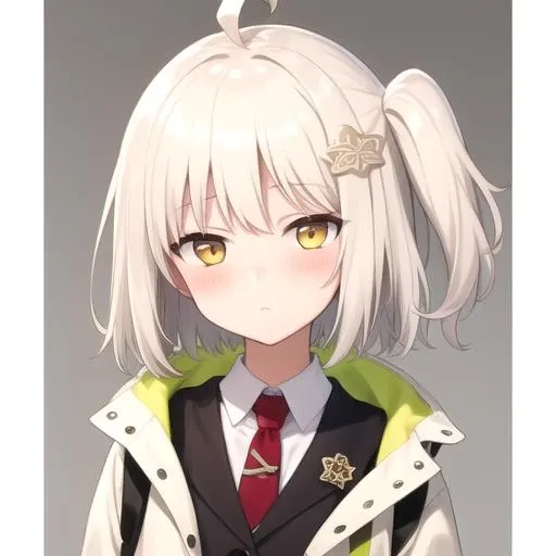 ((masterpiece)),(best quality),official art,extremely detailed CG,unity 8k wallpaper,ultra detailed,1girl,solo,upper body,(portrait:1.2),ahoge,short_hair,hair_ornament,yellow_eyes,looking_at_viewer,lazy eye,camera,black_skirt,black_footwear,pleated_skirt,red_necktie,one_side_up,asymmetrical_legwear,white_jacket,long_sleeves,open_jacket,star_\(symbol\),black_thighhighs,bangs,shoes,bag,side_ponytail,white_shirt,blush,<lora:Scene(ark)>,