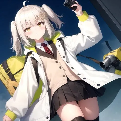 ((masterpiece)),(best quality),official art,extremely detailed CG,unity 8k wallpaper,ultra detailed,1girl,solo,cowboy shot,ahoge,short_hair,hair_ornament,yellow_eyes,looking_at_viewer,lazy eye,camera,black_skirt,black_footwear,pleated_skirt,red_necktie,one_side_up,asymmetrical_legwear,white_jacket,long_sleeves,open_jacket,star_\(symbol\),black_thighhighs,bangs,shoes,bag,side_ponytail,white_shirt,blush,<lora:Scene(ark)>,