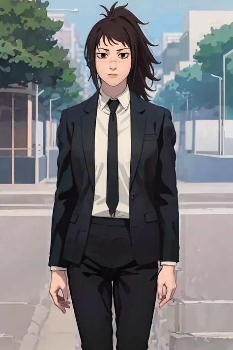 score_9, score_8_up, score_7_up, source_anime, 1girl, evil smile, <lora:zs_YurikoXL:1> yurikosmt, black hair, hair slicked back, grey eyes, blazer, skirt, pantyhose, post-apocalypse, overcast