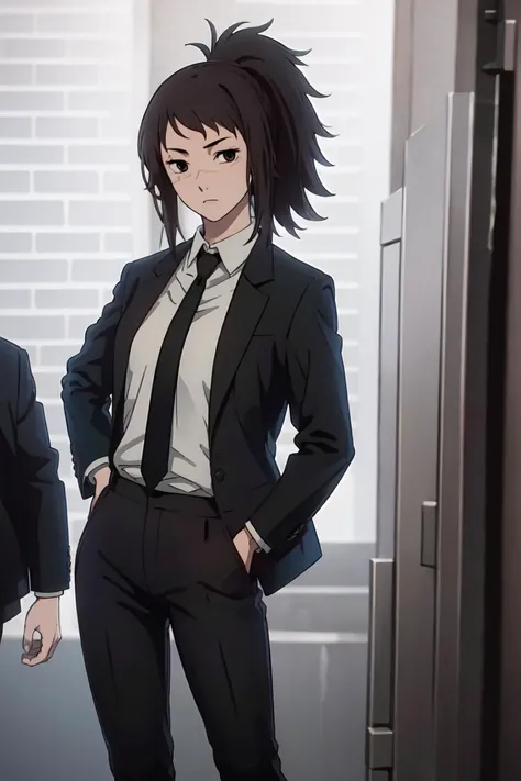 (extremely detailed CG unity 8k wallpaper),(masterpiece),(best quality),(ultra-detailed),(best illustration),(best shadow),(absurdres), <lora:tendou-20:0.7>,Tendou, 1girl, necktie, formal, suit, black hair, scar, black necktie, solo, ponytail, hand on hip, shirt, pants, looking at viewer, jacket, blurry, scar on face, blurry background, black eyes, black pants, black jacket, collared shirt, white shirt, long sleeves, long hair