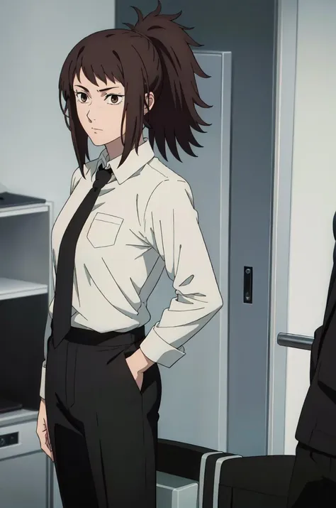 (extremely detailed CG unity 8k wallpaper),(masterpiece),(best quality),(ultra-detailed),(best illustration),(best shadow),(absurdres),   <lora:tendou-20:0.7>,Tendou, necktie, 1girl, black necktie, shirt, formal, black hair, suit, ponytail, hand on hip, white shirt, collared shirt, jacket, pants, black jacket, solo, long sleeves, black pants, bangs, indoors, brown eyes, sidelocks, solo focus, closed mouth, shirt tucked in, black suit, brown eyes, standing