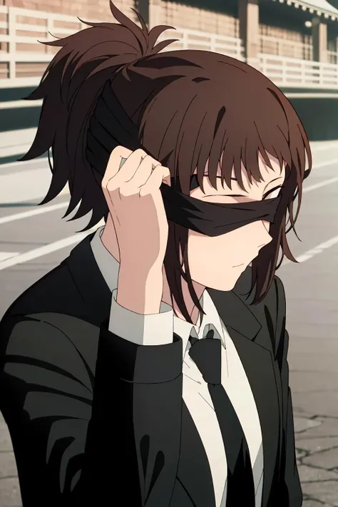 , (extremely detailed CG unity 8k wallpaper),(masterpiece),(best quality),(ultra-detailed),(best illustration),(best shadow),(absurdres), <lora:tendou-20:0.7>,Tendou, black necktie, necktie, brown hair, shirt, solo, formal, ponytail, 1girl, suit, white shirt, blindfold, collared shirt, jacket, black jacket, upper body, outdoors, blurry background, sidelocks, closed mouth, long sleeves, bangs, blurry,