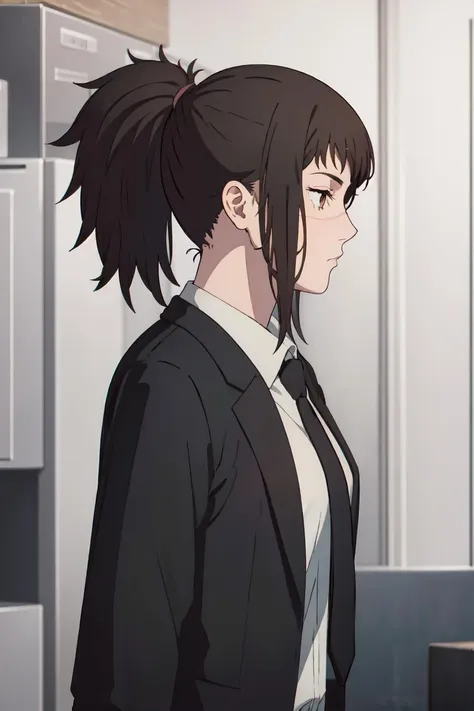 (extremely detailed CG unity 8k wallpaper),(masterpiece),(best quality),(ultra-detailed),(best illustration),(best shadow),(absurdres),   <lora:tendou-20:0.7>,Tendou, 1girl, solo, necktie, black necktie, ponytail, formal, black hair, suit, scar, shirt, sidelocks, upper body, profile, collared shirt, white shirt, from side, brown eyes, jacket, gradient, black jacket, scar on face