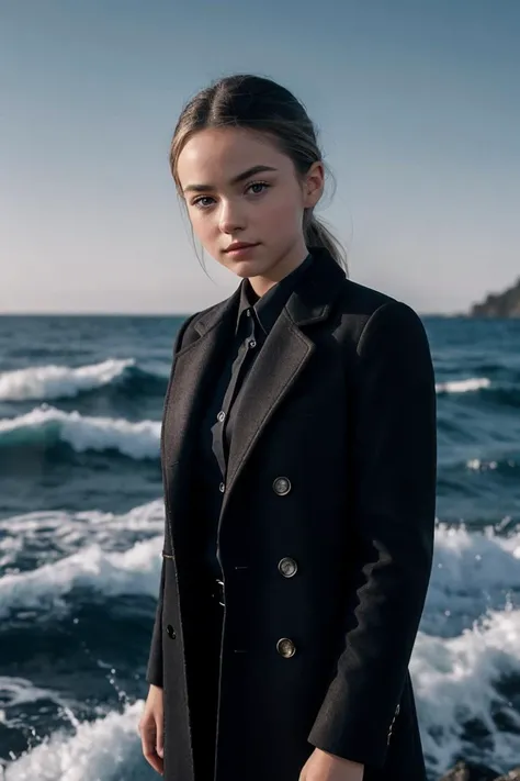 photo of J3z3b3lS0m3b0dy_HM-125, a woman, perfect hair, (modern photo), wearing black jeans, black button-up shirt, wool coat, 135mm medium telephoto (analog, cinematic, film grain:1.3), Sky Ocean Planet, Ocean planet with floating islands and sky-bound waterfalls., detailed eyes, professional pose, (epiCPhoto), (looking at viewer:1.1), (cinematic shot:1.3), (loop style lighting), OverallDetail, SkinHairDetail