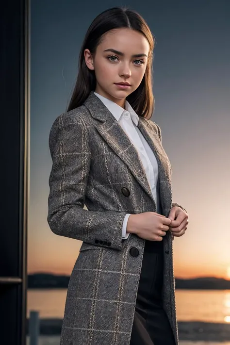 photo of J3z3b3lS0m3b0dy_HM-125, a woman, perfect hair, (modern photo), wearing tweed coat, blouse, long skirt, 200mm medium telephoto (analog, cinematic, film grain:1.3), Time Travel Facility, Advanced facility with portals, time machine, and scientists studying temporal fabric., detailed eyes, professional pose, (epiCPhoto), (looking at viewer:1.1), (cinematic shot:1.3), (butterfly style lighting), OverallDetail, SkinHairDetail
