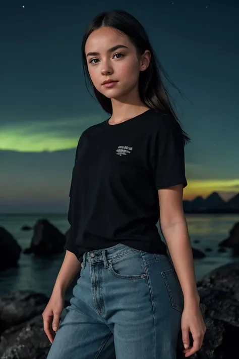 photo of J3z3b3lS0m3b0dy_HM-125, a woman, perfect hair, (modern photo), wearing loose t-shirt and baggy jeans, 20mm short telephoto (analog, cinematic, film grain:1.3), Alien Landscape, Otherworldly terrain with bioluminescent flora, bizarre rock formations, and alien creatures., detailed eyes, professional pose, (epiCPhoto), (looking at viewer:1.1), (cinematic shot:1.3), (loop style lighting), OverallDetail, SkinHairDetail