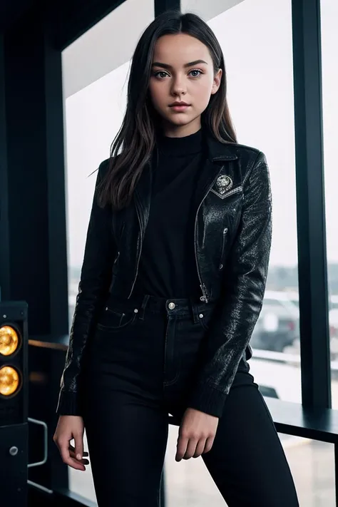 photo of J3z3b3lS0m3b0dy_HM-125, a woman, perfect hair, (modern photo), wearing black jeans, shirt, motojacket, 28mm standard (analog, cinematic, film grain:1.3), Alien Spaceship, Advanced spaceship with pulsating walls, glowing symbols, and incomprehensible tech., detailed eyes, professional pose, (epiCPhoto), (looking at viewer:1.1), (cinematic shot:1.3), (hard style lighting), OverallDetail, SkinHairDetail
