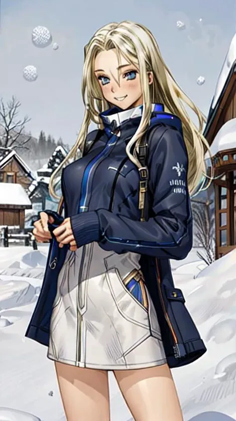 masterpiece, best quality, 1girl, grey eyes, russian girl, solo, friendly smile, winter clothes, long wavey hair, blonde hair, breasts,  oiled skin, snowy landscape (drawn by masamune shirow:0.5),  <lora:msm_a3:0.7>,  <lora:add_detail:0>