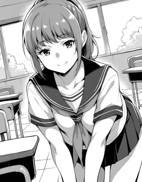 score_9, score_8_up, score_7_up, source_anime,
risaoneechan, <lora:risa-oneechan-manga-ponyxl-lora-nochekaiser:1>,
risa oneechan, medium hair, bangs, ponytail, monochrome, greyscale,
skirt, shirt, school uniform, white shirt, short sleeves, pleated skirt, outdoors, serafuku, sailor collar, neckerchief,
indoors, classroom, bent over, smile,
looking at viewer, solo, cowboy shot, dutch angle,