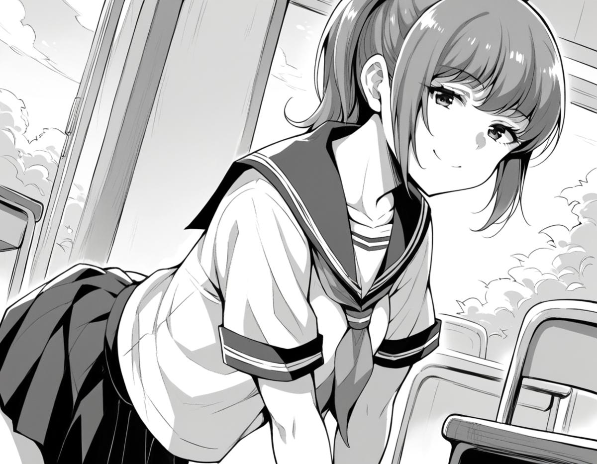 Anime girl in a school uniform leaning on a desk - SeaArt AI