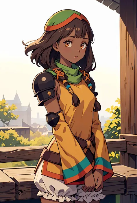 (masterpiece, best quality), 1girl,   <lora:cruxie-nvwls-v1:0.8> cruxie, dark skin, hat, tan dress, green scarf, detached sleeves, hat, tan dress, armor, detached sleeves, bloomers