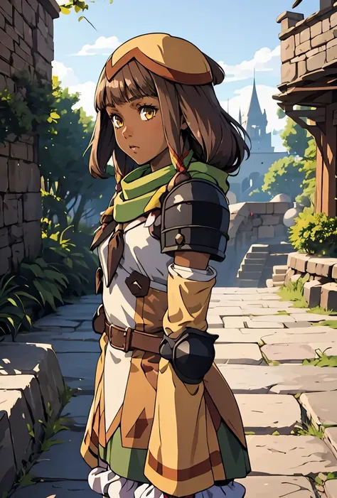 (masterpiece, best quality), 1girl,   <lora:cruxie-nvwls-v1:0.8> cruxie, dark skin, hat, tan dress, green scarf, detached sleeves, hat, tan dress, armor, detached sleeves, bloomers