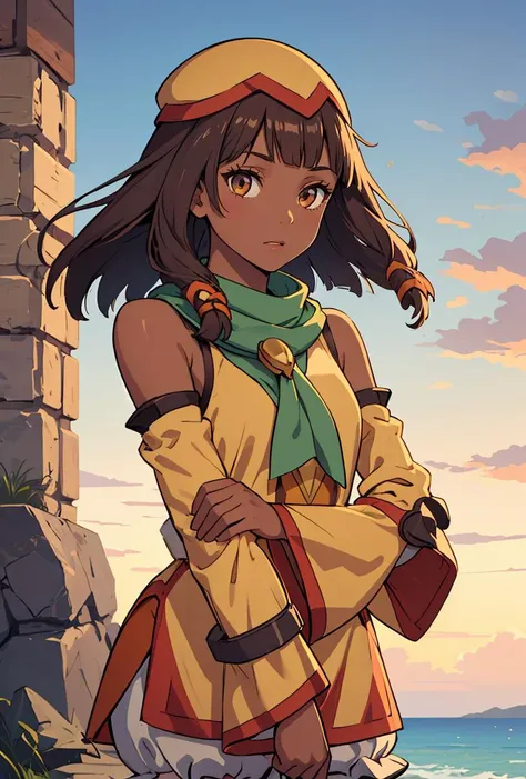 (masterpiece, best quality), 1girl,   <lora:cruxie-nvwls-v1:0.8> cruxie, dark skin, hat, tan dress, green scarf, detached sleeves, hat, tan dress, armor, detached sleeves, bloomers