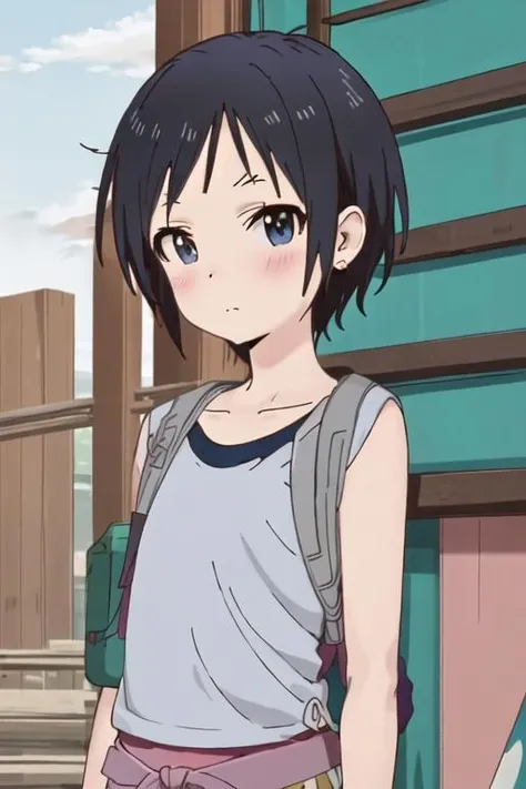 best quality, masterpiece, highres, solo, {kurosaki_honoka_encouragementofclimb:1.15}, black_hair, short_hair, blush, blue_eyes, closed_mouth, 1girl, alternate_hairstyle, blue_shirt, shirt, upper_body, anime_coloring, collarbone, indoors, bangs, looking_away
