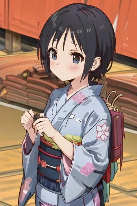 best quality, masterpiece, highres, solo, {yukata:1.40}, {kimono:1.20}, {kurosaki_honoka_encouragementofclimb:1.15}, black_hair, short_hair, blush, blue_eyes, closed_mouth