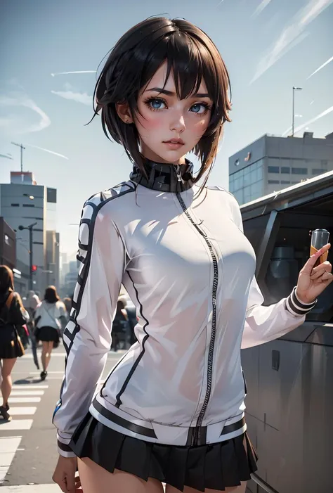 (masterpiece, best quality), 1girl, <lora:hayasui-09:0.8> hayasuiKC, 1girl, solo,short hair, long sleeves,white jacket,miniskirt, black skirt, track jacket