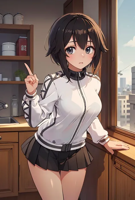 (masterpiece, best quality), 1girl, <lora:hayasui-09:0.8> hayasuiKC, 1girl, solo,short hair, long sleeves,white jacket,miniskirt, black skirt, track jacket