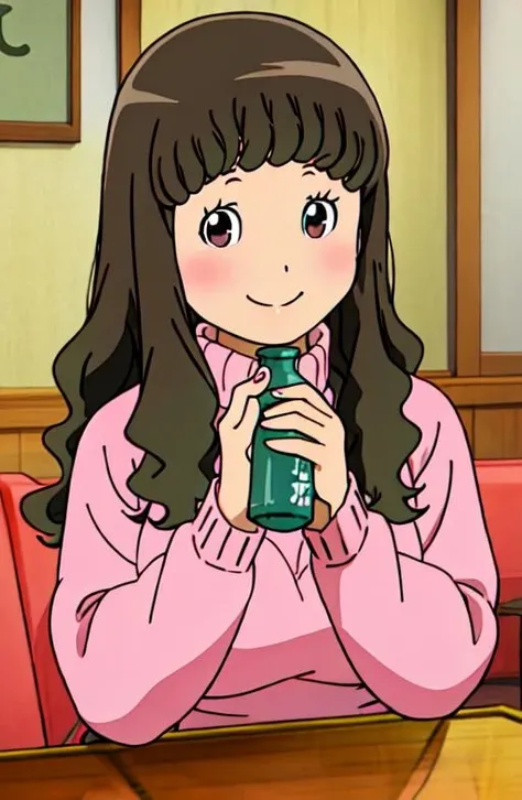 1girl, solo, mayumi hitomi, pink sweater, upper body, pants, long hair, looking at viewer, smile, (no nose:1.4), sake bottles on a table <lora:mayumi-hisomaso:0.8>