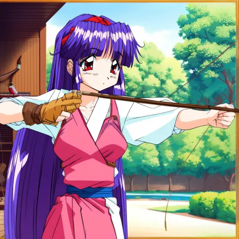 <lora:Shiraishi_Yumiko:1>,ShiraishiYumiko, 1girl, solo, weapon, bow (weapon), archery, kyuudou, long hair, red eyes, arrow (projectile), gloves, yugake, japanese clothes, partially fingerless gloves, muneate, holding bow (weapon), blue hair, drawing bow, aiming,,, masterpiece, high quality, very_high_resolution, large_filesize, full color,