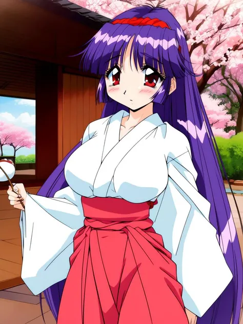 <lora:Shiraishi_Yumiko:0.8>,ShiraishiYumiko, 1girl, solo, long hair,red eyes, hairband, purple hair, blush, large_breasts, cowboy_Shot,
japanese white clothes, miko, red hakama, shrine, cherry blossom,
masterpiece, high quality, very_high_resolution, large_filesize, full color,