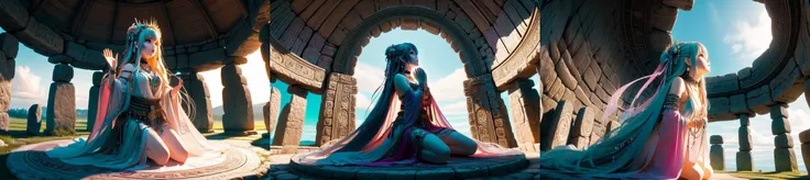 highly insanely detailed, masterpiece, top quality, best quality, highres, 4k, 8k, RAW photo, (very aesthetic, beautiful and aesthetic), (((from below))), ((ancient altar)), ((looking up)), ((hands together)), crying, druid shaman bra, see-through sleeves, ethnic attire, jewelry, choker, hair ornament, hair flower, floating hair, earrings, gem, beads, pearl, bracelet, necklace, stonehenge, gradient colorful cloudy sky, solo, 1girl, kneeling, absurdly long hair, ribbon, cleavage, sideboob, underboob, sweat, shy, blush, slim figure, <lora:girllikeancientaltar:0.9>