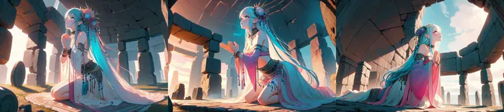 highly insanely detailed, masterpiece, top quality, best quality, highres, 4k, 8k, RAW photo, (very aesthetic, beautiful and aesthetic), (((from below))), ((ancient altar)), ((looking up)), ((hands together)), crying, druid shaman bra, see-through sleeves, ethnic attire, jewelry, choker, hair ornament, hair flower, floating hair, earrings, gem, beads, pearl, bracelet, necklace, stonehenge, gradient colorful cloudy sky, solo, 1girl, kneeling, absurdly long hair, ribbon, cleavage, sideboob, underboob, sweat, shy, blush, slim figure, <lora:girllikeancientaltar:0.9>