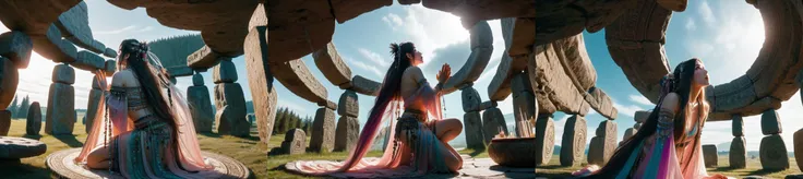 highly insanely detailed, masterpiece, top quality, best quality, highres, 4k, 8k, RAW photo, (very aesthetic, beautiful and aesthetic), (((from below))), ((ancient altar)), ((looking up)), ((hands together)), crying, druid shaman bra, see-through sleeves, ethnic attire, jewelry, choker, hair ornament, hair flower, floating hair, earrings, gem, beads, pearl, bracelet, necklace, stonehenge, gradient colorful cloudy sky, solo, 1girl, kneeling, absurdly long hair, ribbon, cleavage, sideboob, underboob, sweat, shy, blush, slim figure, <lora:girllikeancientaltar:0.9>