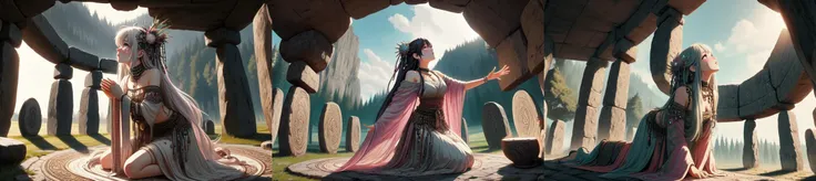 highly insanely detailed, masterpiece, top quality, best quality, highres, 4k, 8k, RAW photo, (very aesthetic, beautiful and aesthetic), (((from below))), ((ancient altar)), ((looking up)), ((hands together)), crying, druid shaman bra, see-through sleeves, ethnic attire, jewelry, choker, hair ornament, hair flower, floating hair, earrings, gem, beads, pearl, bracelet, necklace, stonehenge, gradient colorful cloudy sky, solo, 1girl, kneeling, absurdly long hair, ribbon, cleavage, sideboob, underboob, sweat, shy, blush, slim figure, <lora:girllikeancientaltar:0.9>