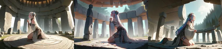 highly insanely detailed, masterpiece, top quality, best quality, highres, 4k, 8k, RAW photo, (very aesthetic, beautiful and aesthetic), (((from below))), ((ancient altar)), ((looking up)), ((hands together)), crying, druid shaman bra, see-through sleeves, ethnic attire, jewelry, choker, hair ornament, hair flower, floating hair, earrings, gem, beads, pearl, bracelet, necklace, stonehenge, gradient colorful cloudy sky, solo, 1girl, kneeling, absurdly long hair, ribbon, cleavage, sideboob, underboob, sweat, shy, blush, slim figure, <lora:girllikeancientaltar:0.9>