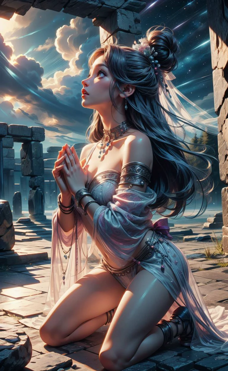 (award winning photo, best quality, highres:1.3), (official art, beautiful and aesthetic:1.2), (full shot:1.4), a young woman, TrualityCampus_Terree, supermodel body, Space Buns with Braids, perfect breasts, toned thighs, sexy, cinematic lighting, subsurface scattering, detailed shadows, <lora:add_detail:0.8> <lora:epi_noiseoffset2:.8> <lora:girllikeancientaltar:.6> ((ancient altar)), ((looking up)), ((praying)), druid shaman bra, see-through sleeves, ethnic attire, jewelry, choker, hair ornament, hair flower, floating hair, (wind:.7), earrings, gem, beads, pearl, bracelet, necklace, stonehenge, gradient colorful cloudy sky, <lora:TempestMagic:.6> tempestmagic, fantasy, ethereal transparent, motion blur, tempest aura