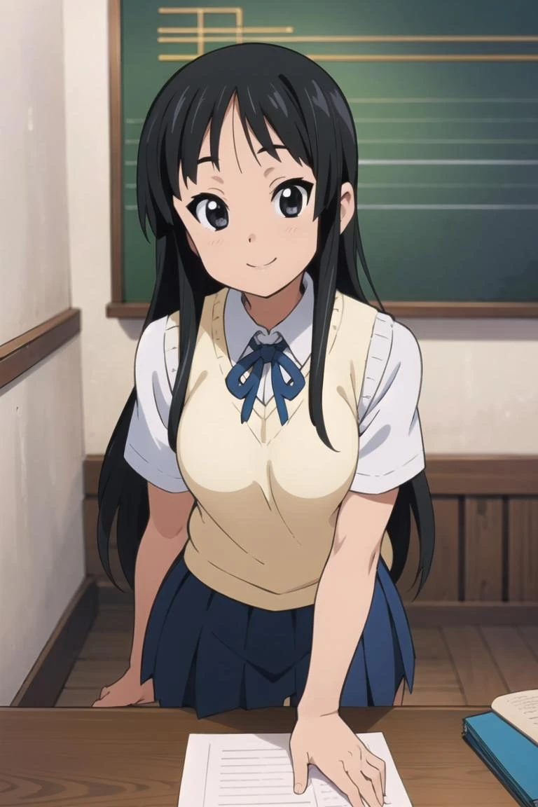 (((picture perfect))), 1girl, solo, <lora:mio-kon:0.8>, mio akiyama, school uniform, sweater vest, short sleeves, looking at viewer, smile