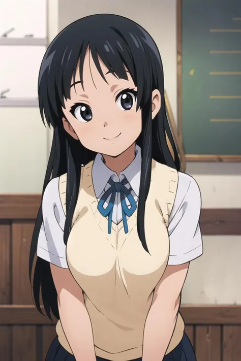 (((picture perfect))), 1girl, solo, <lora:mio-kon:0.8>, mio akiyama, school uniform, sweater vest, short sleeves, looking at viewer, smile