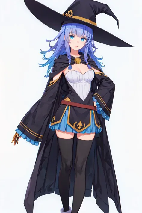 smile, <lora:charlotte_reis:1> 1girl, witch hat ,cape, blue skirt, black thighhighs, boots, detached sleeves, wide sleeves, <lora:kuroboshi_kouhaku_style_v01:1>, ultra detailed, masterpiece, best quality, aesthetic, detailed,