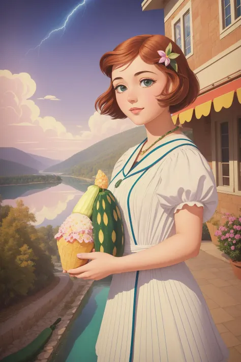 1girl, (stylized by Ronald Balfour:1.3) and (Iwona Lifsches:0.9) and (Louis Aston Knight:1.1) , art deco art, masterwork Technical illustration, highly detailed, body shot of a Ludicrous Inspirational Arcadian ([ice cream cone|zucchini]:1.3) , it is anthropomorphic with a face, it is in a Disney setting, Kuiper Belt background, 2000'S lake with Chestnut, Thunderstorm, in focus, Visual novel, Zen, Cubo-futurism, back-light, pinhole lens, Olive color grading, Folded Cotton, made of Ice, High quality, masterpiece