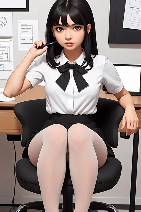 Asian woman，tight-fitting，People are plump，The waist is very thin，The person is beautiful，详细的脸，Very good looking，Short Untidy Hair，The costume is a black skirt，black lence stockings，Sit in a chair in the office，Legs crossed， xkkkxx style，huge breasts,lying on the ground,(View from below), (Saddle, Squat, Spread Legs, Spread Legs show crotch), (huge breasts), (undressing), (transparent ), ((nipple)), ((The breasts came out of the clothes)), Panties disappear，Pubic hair clearly visible，((vaginal)),