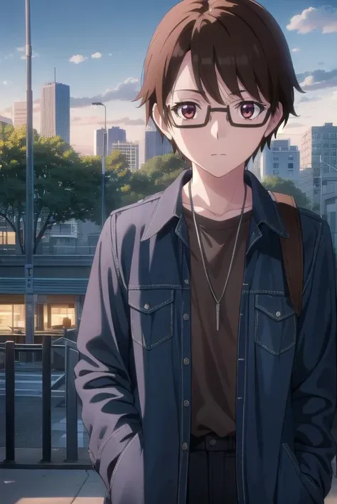 soutamizushino, <lora:souta mizushino s1-lora-nochekaiser:1>,
souta mizushino, brown hair, (brown eyes:1.3), male focus, glasses,
BREAK shirt, jewelry, necklace, uniform, pocket, pants, black pants,
BREAK outdoor, city, night, sky, buildings, moon, clouds,
BREAK looking at viewer, (cowboy shot:1.5),
BREAK <lyco:GoodHands-beta2:1>, (masterpiece:1.2), best quality, high resolution, unity 8k wallpaper, (illustration:0.8), (beautiful detailed eyes:1.6), extremely detailed face, perfect lighting, extremely detailed CG, (perfect hands, perfect anatomy),