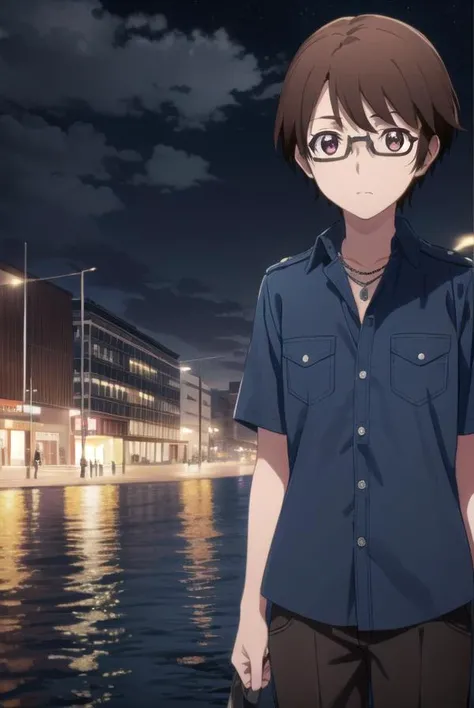 soutamizushino, <lora:souta mizushino s1-lora-nochekaiser:1>,
souta mizushino, brown hair, (brown eyes:1.3), male focus, glasses,
BREAK shirt, jewelry, necklace, uniform, pocket, pants, black pants,
BREAK outdoor, city, night, sky, buildings, moon, clouds,
BREAK looking at viewer, (cowboy shot:1.5),
BREAK <lyco:GoodHands-beta2:1>, (masterpiece:1.2), best quality, high resolution, unity 8k wallpaper, (illustration:0.8), (beautiful detailed eyes:1.6), extremely detailed face, perfect lighting, extremely detailed CG, (perfect hands, perfect anatomy),